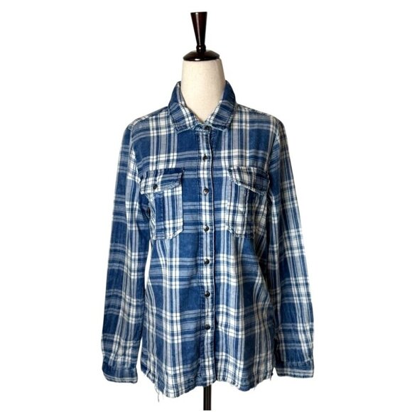 BLANKNYC Shirt‎ Women XS Blue Plaid You Oughta Know Raw Hem Button Up Western - Picture 2 of 12